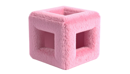 Soft, fluffy, pink cube with three square cutouts, casting a soft shadow on a black background