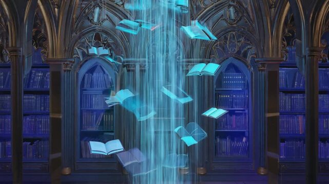 Holograms of books in a library.