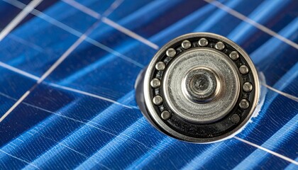 Close-up of a bearing on a patterned blue surface. Shiny metal, with many small spheres