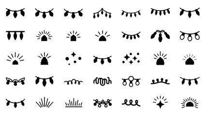 A collection of various festive and decorative graphic elements, including string lights, sunbursts, and starbursts, presented in a black and white icon style.