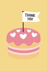 Delicious pink cake with white hearts and Thank You flag on yellow background for gratitude concept