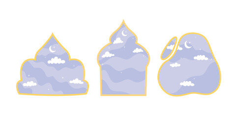 Dreamy night sky set in islamic arch shapes with moon and clouds