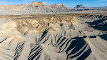 Landscape around the town of Hanksville in Wayne County, Utah, United States.
Very dry landscape with dry rivers and a lunar landscape. Climate change.