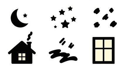 Collection of simple black and white icons depicting night sky elements, weather phenomena, and a cozy house with a glowing window.