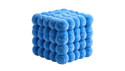 A blue cube made of soft, plush spheres, isolated against a black background, soft lighting creates subtle shadows