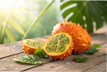 A vibrant horned melon (Kiwano) on a rustic wooden table,
