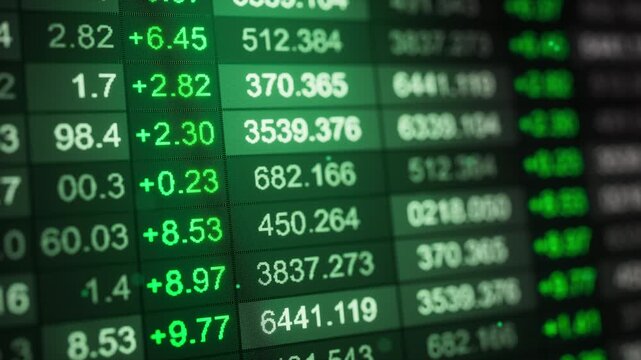 Seamless loop 3D animation of a stock market ticker table with green positive price changes and numeric rows on a dark screen, ideal for trading, finance, news, and analytics.