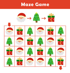 Maze puzzle game for children with cute christmas illustration. Logic Labyrinth with Code Navigation. Kids labyrinth puzzle. Maze activity sheet for kids.