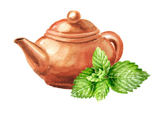 Herbal Tea with Mint leaves. Hand drawn watercolor illustration isolated on white background