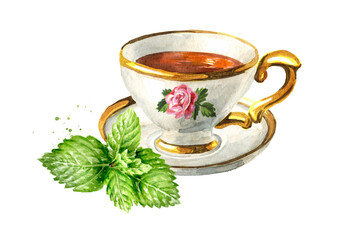 Herbal Tea with Mint leaves. Hand drawn watercolor illustration, isolated on white background