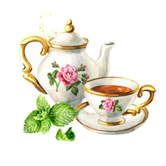 Herbal Tea  bunch of fresh Mint. Hand drawn watercolor illustration isolated on white background