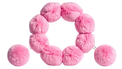 Circle of pink fluffy pom-poms, connected, with extra pom-poms dangling below the circle's sides, on a black bg