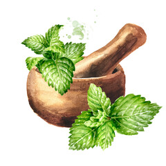 Mortar and medicinal plant mint. Hand painted watercolor illustration isolated on white background.tif