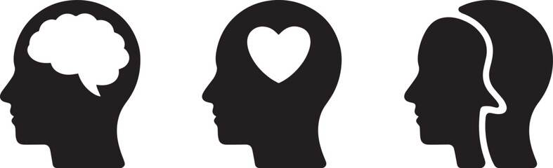 Human mind and emotions icons set with brain love and empathy isolated black silhouettes