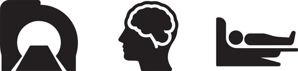 Medical diagnostic icons brain scan patient and mri machine isolated black silhouettes