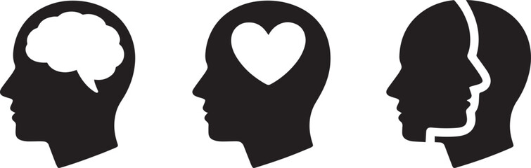 Mental health icons featuring brain heart and multiple heads for psychological concepts