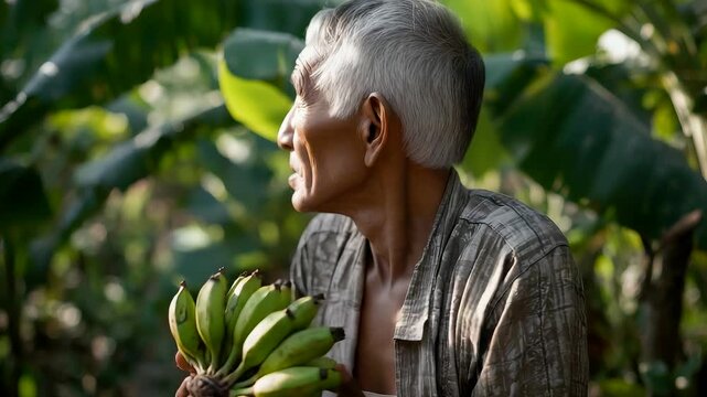 Elderly Woman Holding Fresh Bananas in Lush Tropical Garden With Sunlit Greenery Showing Rural Harvest, Sustainable Farming and Natural Lifestyle