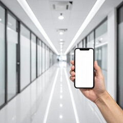 Hand holding smartphone with blank screen in modern office hallway perspective mobile phone