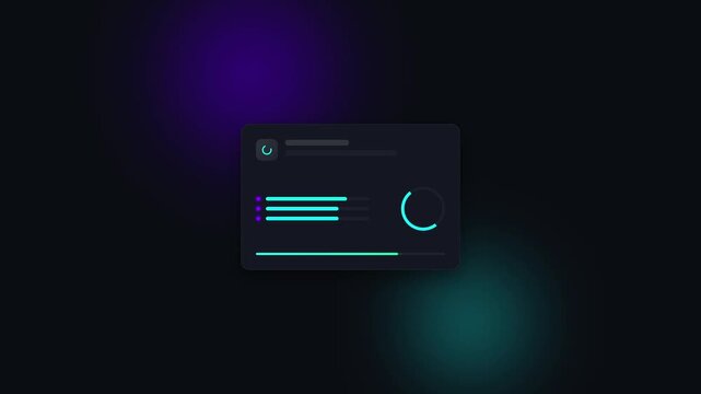 Dark mode dashboard widget with loading indicators, progress bars, and data visualization elements on a dark, abstract background