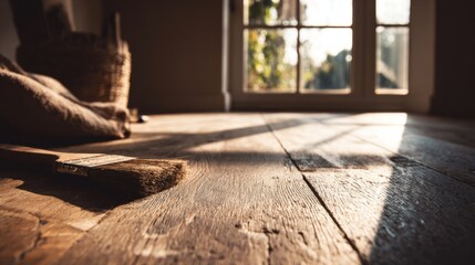 Medium shot showing the restoration process of hardwood floors focusing on sanding and refinishing techniques to enhance natural wood grain.