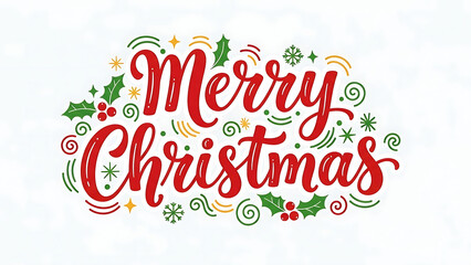 Fototapeta premium Festive hand-lettered Merry Christmas greeting design adorned with vibrant holly berries, green leaves, and decorative stars, perfect for holiday season cards and banners