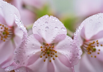 Obraz premium Close up of pink and white cherry blossoms covered in water droplets in soft morning light