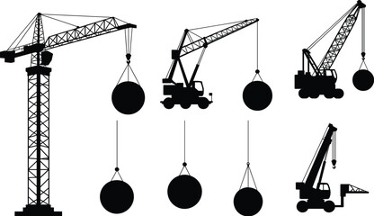 Silhouettes of Construction Cranes and Wrecking Balls in Various Configurations for Demolition, Machinery, Engineering, Industrial, and Heavy Equipment Themes © MdTajemul