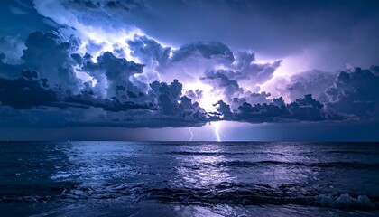 Stormy ocean view with lightning striking water under dramatic clouds in a blue-tinged scene
