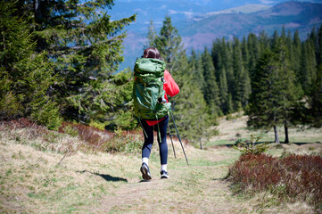 Back view of female hiker in red raincoat and backpack trekking in mountain valley. Adventure, nature, and travel lifestyle in the wilderness.