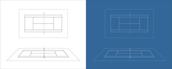 Top View Tennis Court Technical Plan with Measurement Lines and Layout
