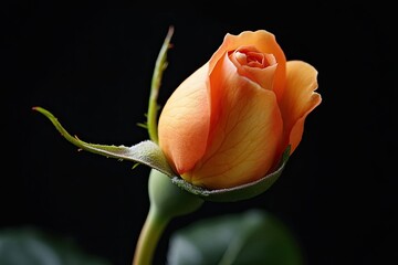A vibrant orange rosebud in full bloom against a dark background, its petals unfurling to reveal a delicate interior.