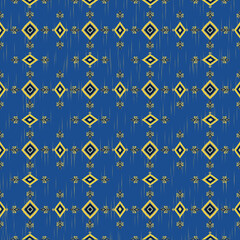 Traditional Diamond Ikat Pattern in Blue and Yellow with Ethnic Motifs