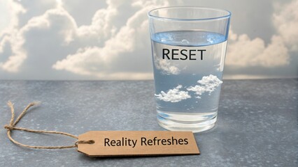 Glass of Rainwater with Reflection and Reset Concept