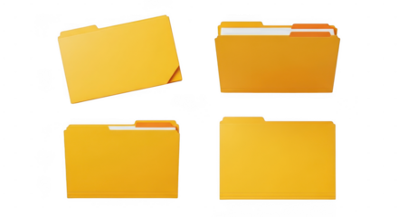 Four yellow folders with tabs open, ready for organization and document management, isolated on transparent background