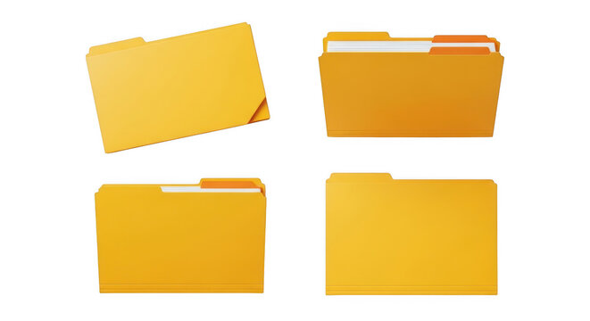 Four yellow folders with tabs open, ready for organization and document management, isolated on transparent background