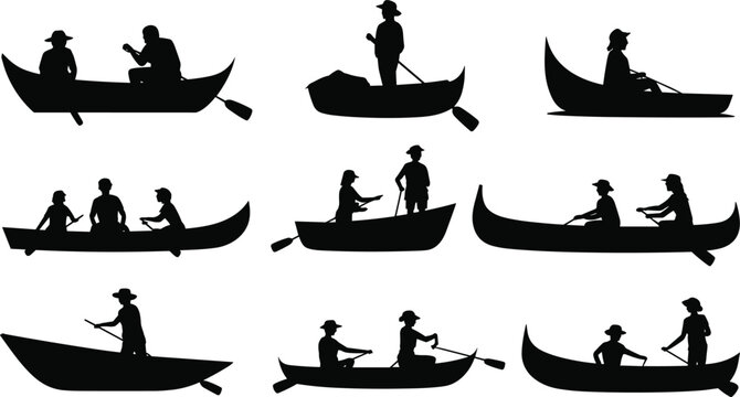 Small boat silhouette set, canoe and rowboat poses, paddling figures, black vector, isolated, stock illustration, water activity