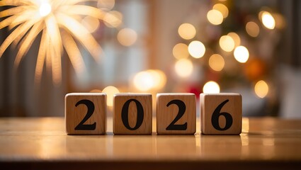 New Year 2026 Concept with Wooden Number Blocks and Warm Festive Bokeh Lights