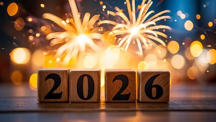Festive New Year 2026 Celebration with Wooden Number Blocks and Golden Fireworks