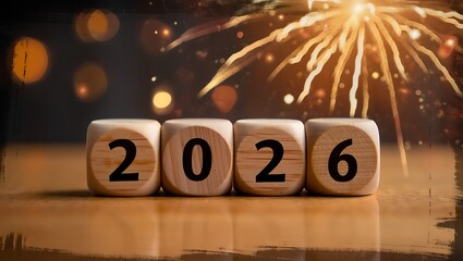 New Year 2026 Celebration with Wooden Number Blocks and Festive Fireworks Background