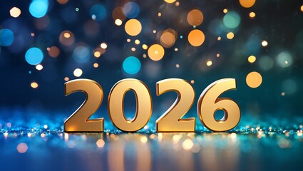 Festive New Year 2026 Background with Golden Numbers and Colorful Bokeh Lights