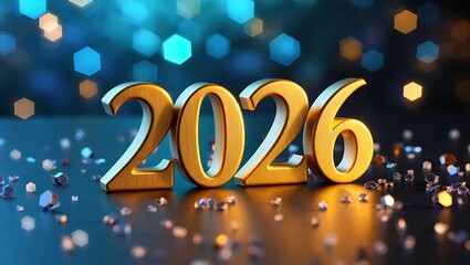 Luxury New Year 2026 Celebration with Golden Numbers, Sparkling Confetti, and Blue Bokeh Lights