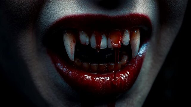 Dark Vampire Mouth With Sharp Fangs and Fresh Blood Under Dramatic Lighting Creating Intense Horror Mood and Gothic Night Atmosphere