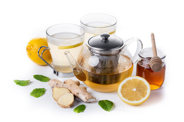 Ginger tea with honey and lemon in a cup isolated on white background