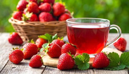 Strawberries surround a glass of red liquid on a wooden surface, basket overflowing in background