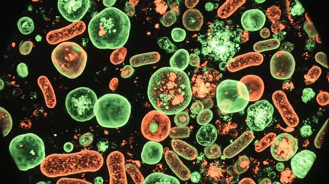 Detailed scientific visualization of fluorescently labeled cells glowing under UV light, revealing cellular structures and distribution patterns in a controlled microscopy setting