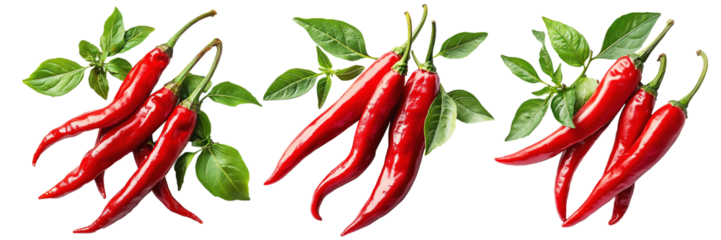 Fresh red chili peppers tied with string, isolated on a white transparent background.