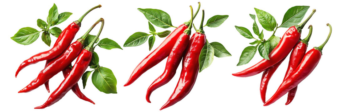 Fresh red chili peppers tied with string, isolated on a white transparent background.