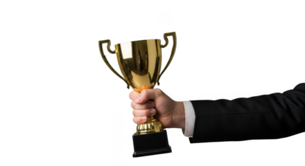 Hand holding a golden trophy cup isolated on transparent background