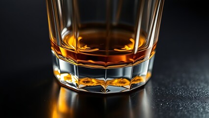 schnapps. Golden schnapps liquid in a crystal glass, light refraction on a dark surface, minimalist style. bar promotions, beverage menus, designed for product packaging and bar promotions.