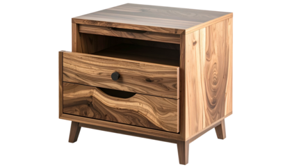 A mid-century modern wooden nightstand is shown against a neutral backdrop. It features an open drawer, a small upper compartment, and a sleek design